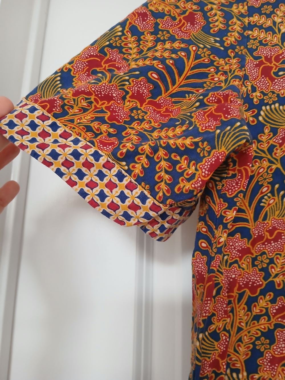 Bold Floral Batik Print Mini Dress in Navy, Red & Gold